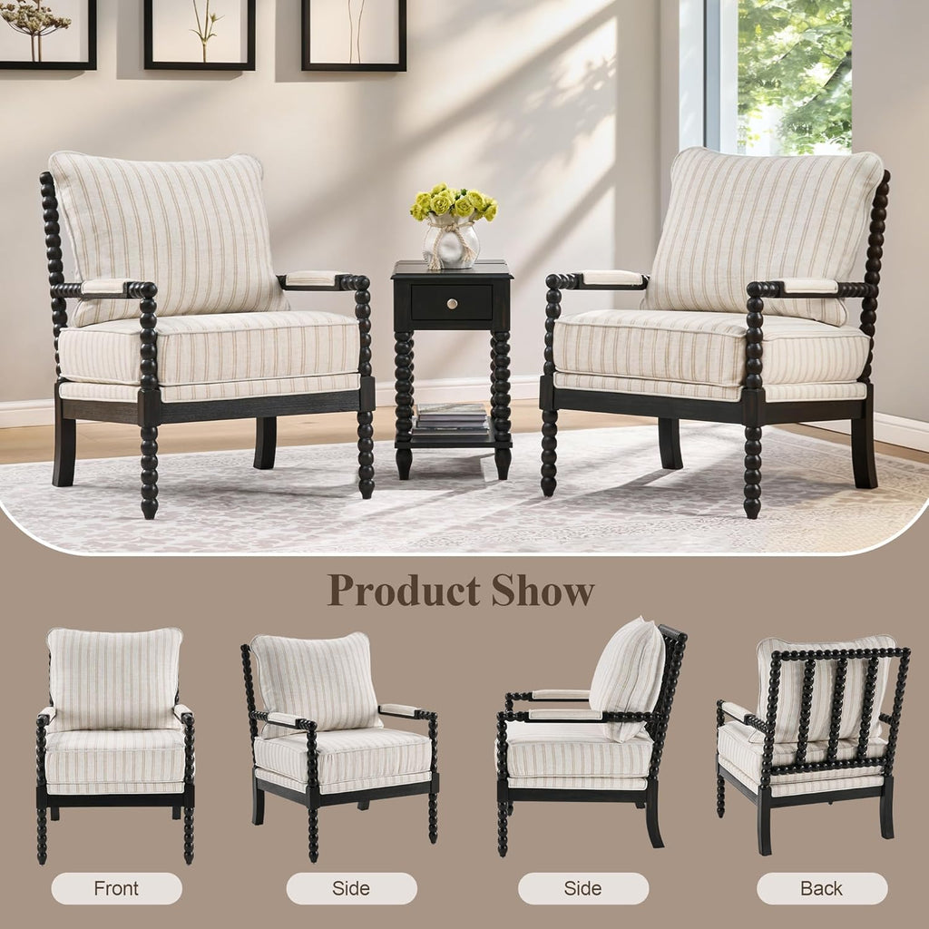 DUHOME Linen Fabric Spindle Accent Chair Set of 2,Bobbin Chair with High Resilience Spring Cushion and Armrest Pads, Leisure Armchair for Living Room Bedroom Farmhouse Home Office Belcony