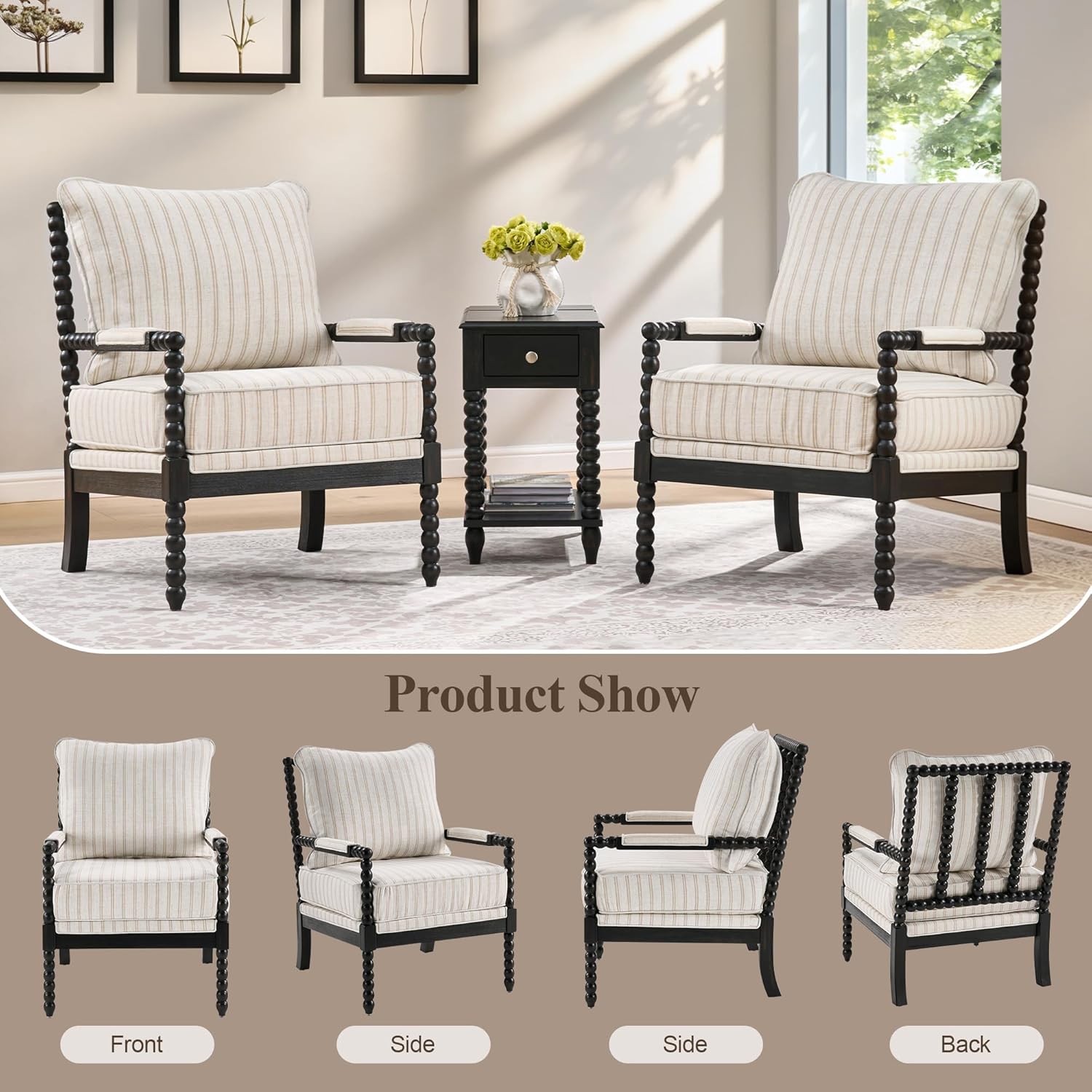 DUHOME Linen Fabric Spindle Accent Chair Set of 2,Bobbin Chair with High Resilience Spring Cushion and Armrest Pads, Leisure Armchair for Living Room Bedroom Farmhouse Home Office Belcony