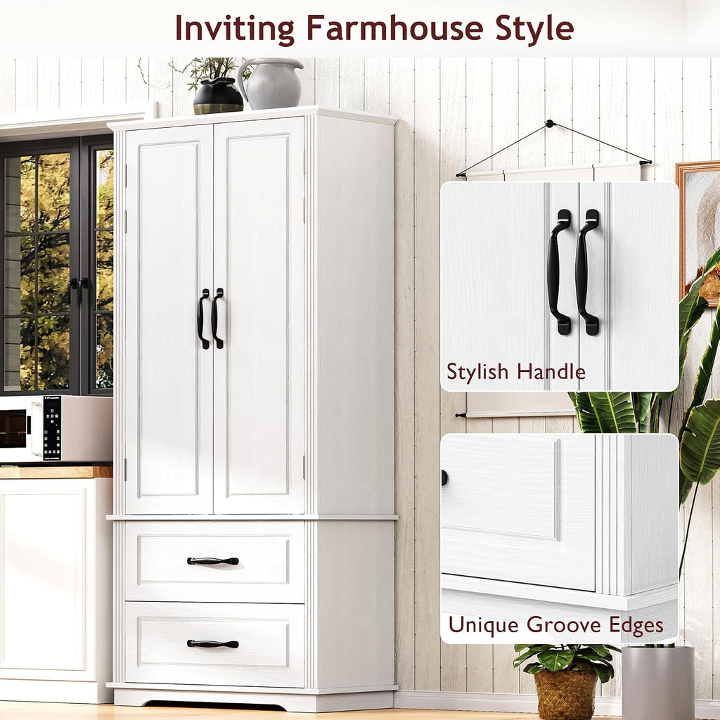 Farmhouse Kitchen Pantry Cabinet 71-Inch Tall Freestanding Pantry Storage Cabinet Cupboard with Adjustable Shelves for Kitchen Laundry Living Dining Room, White