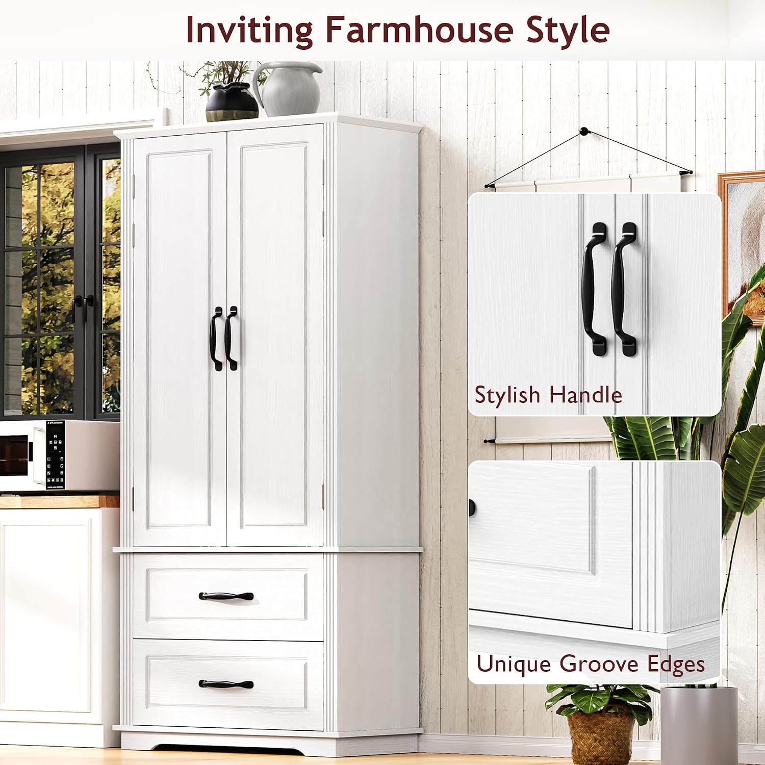 Farmhouse Kitchen Pantry Cabinet 71-Inch Tall Freestanding Pantry Storage Cabinet Cupboard with Adjustable Shelves for Kitchen Laundry Living Dining Room, White