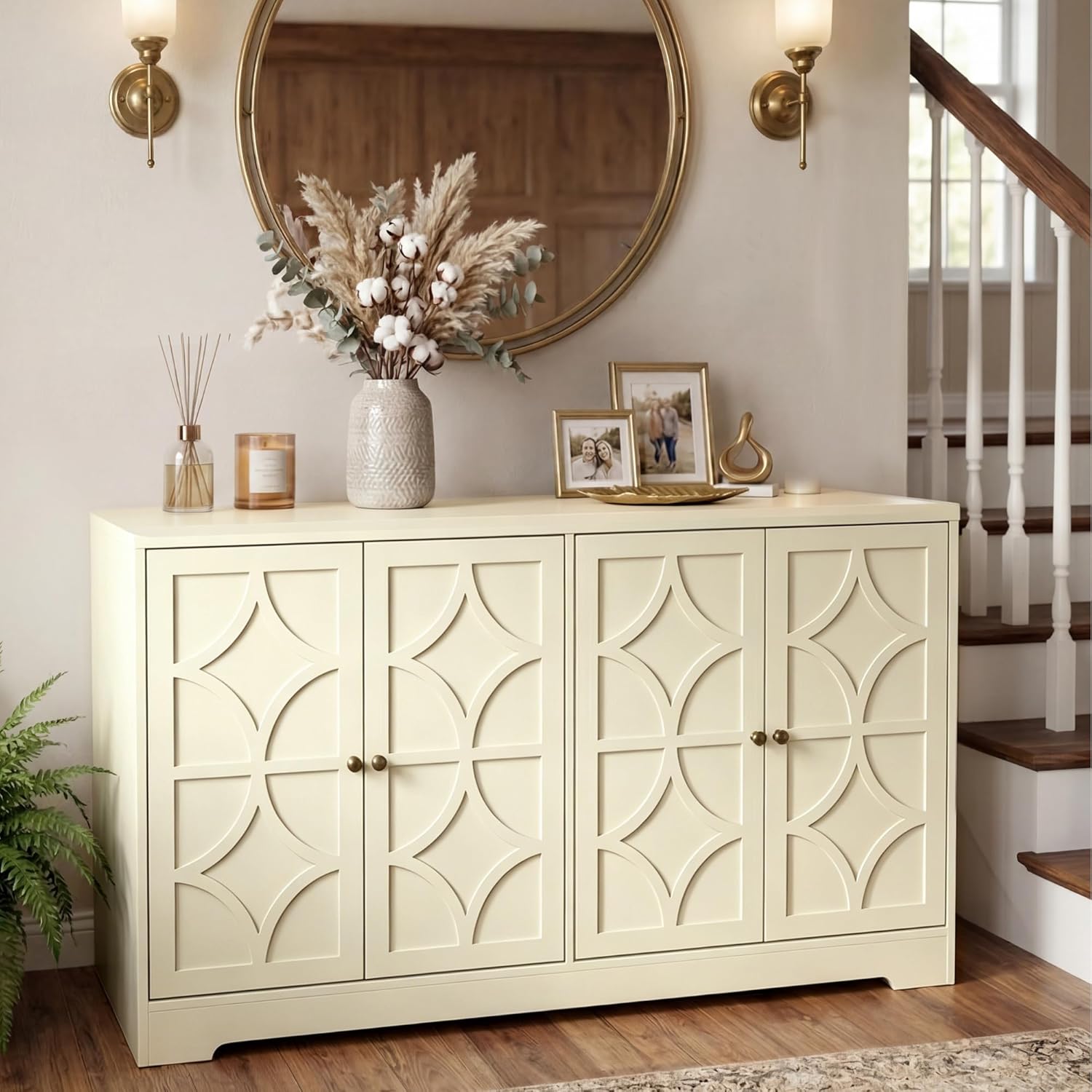 RoyalCraft Sideboard Buffet Cabinet with Storage, 56" Modern Sideboard with 4 Carved Doors, Large Wood Coffee Bar Console Table for Kitchen, Dining Room, Entryway, Living Room, Beige