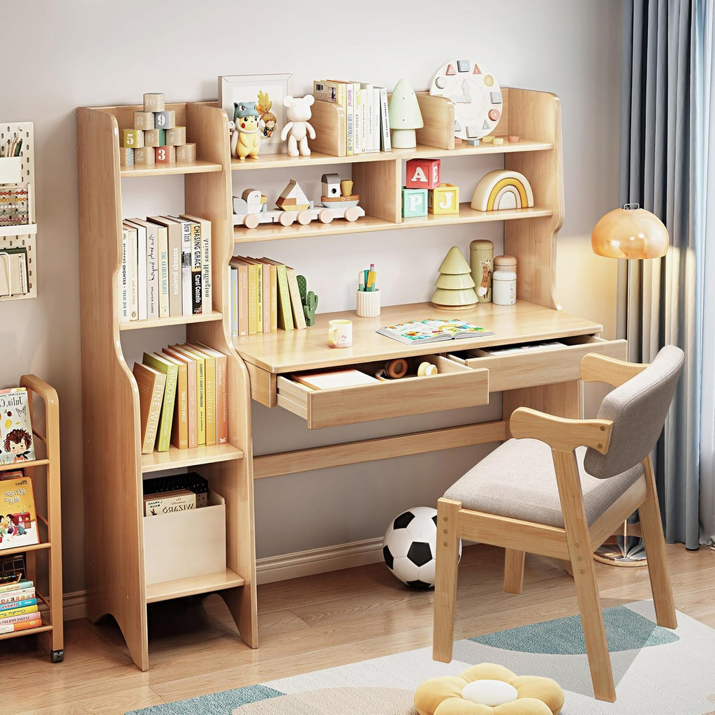 Kids Desk Kids Table and Chair Set with Drawers and Bookshelf Rubber Wood Kid's Media Desk Student Learning Computer Workstation and Writing Desk(Natural)