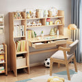 Kids Desk Kids Table and Chair Set with Drawers and Bookshelf Rubber Wood Kid's Media Desk Student Learning Computer Workstation and Writing Desk(Natural)