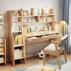 Kids Desk Kids Table and Chair Set with Drawers and Bookshelf Rubber Wood Kid's Media Desk Student Learning Computer Workstation and Writing Desk(Natural)