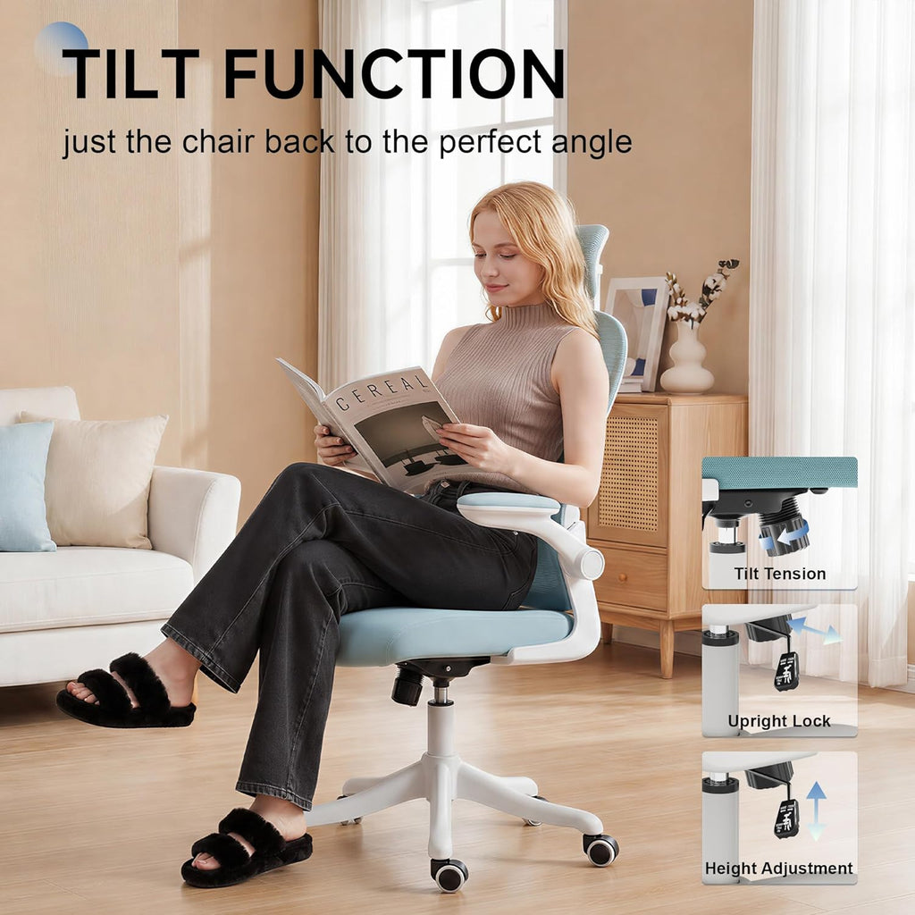 Ergonomic Office Chair with Adjustable Lumbar Support and Headrest, High Back Mesh Desk Chair for Home Office,Flip-Up Arms 90-120° Tilt Lock Rolling Swivel Task Chairs (White-Blue6065)