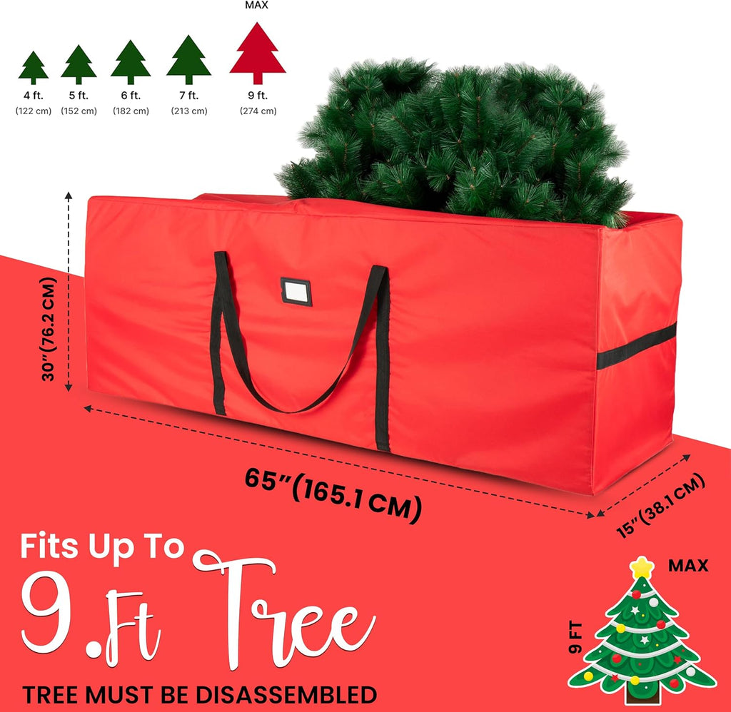QUENTRO Heavy Duty Christmas Tree Storage Bag - Fits Up to 9ft Tall - Waterproof 600D Polyester Xmas Tree Bag with Reinforced Handles & Secure Zipper – Foldable Durable Holiday Storage Solution (Red)
