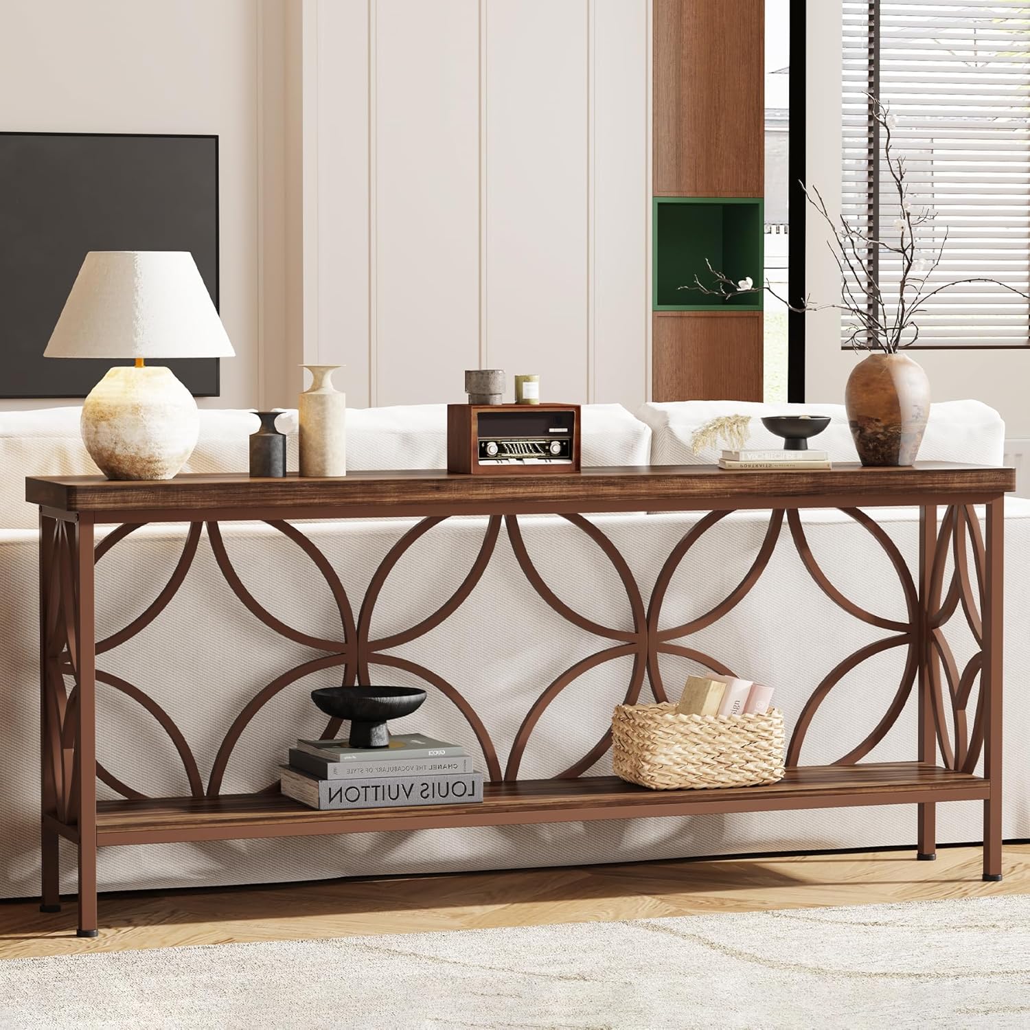 Tribesigns 70.9-Inch Narrow Sofa Table, 2-Tier Industrial Console Table Behind Couch, Long Entry Tables with Storage for Entryway, Living Room, Foyer, Hallway, Glossy Brown
