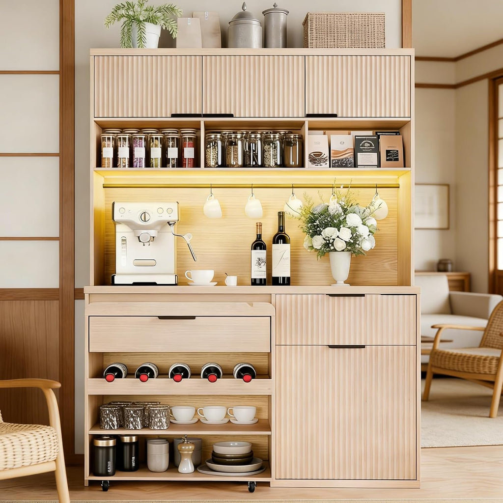 71" Pantry Cabinet,Tall Kitchen Pantry Storage Cabinet with Charging Station and LED Light,Fluted Freestanding Food Storage Cabinet,Farmhouse Kitchen Hutch with Storage Drawers for Living Dining Room