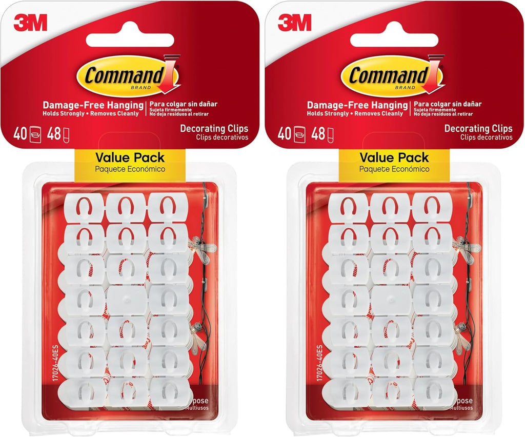 Command Decorating Clips, 40 Clips and 48 Strips, Damage-Free Hanging Light Clips with Adhesive Strips, No Tools Small Wall Clip for Hanging Lights and Cables (Pack of 2)