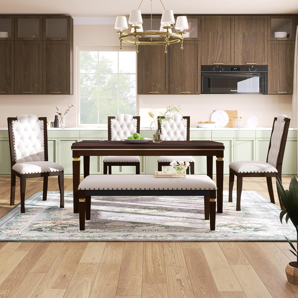 Merax 6-Piece Solid Wood Dining Table Set, Modern Elegant 60" Rectangular with 4 High-Back Tufted Upholstered Chairs + 1 Bench for Kitchen Room, Espresso