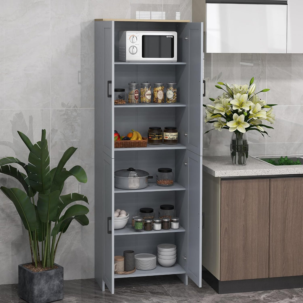 72" Freestanding Kitchen Pantry, 4-Door Storage Cabinet Organizer with Adjustable Shelves, Kitchen Cabinet with Doors and Shelves, Gray