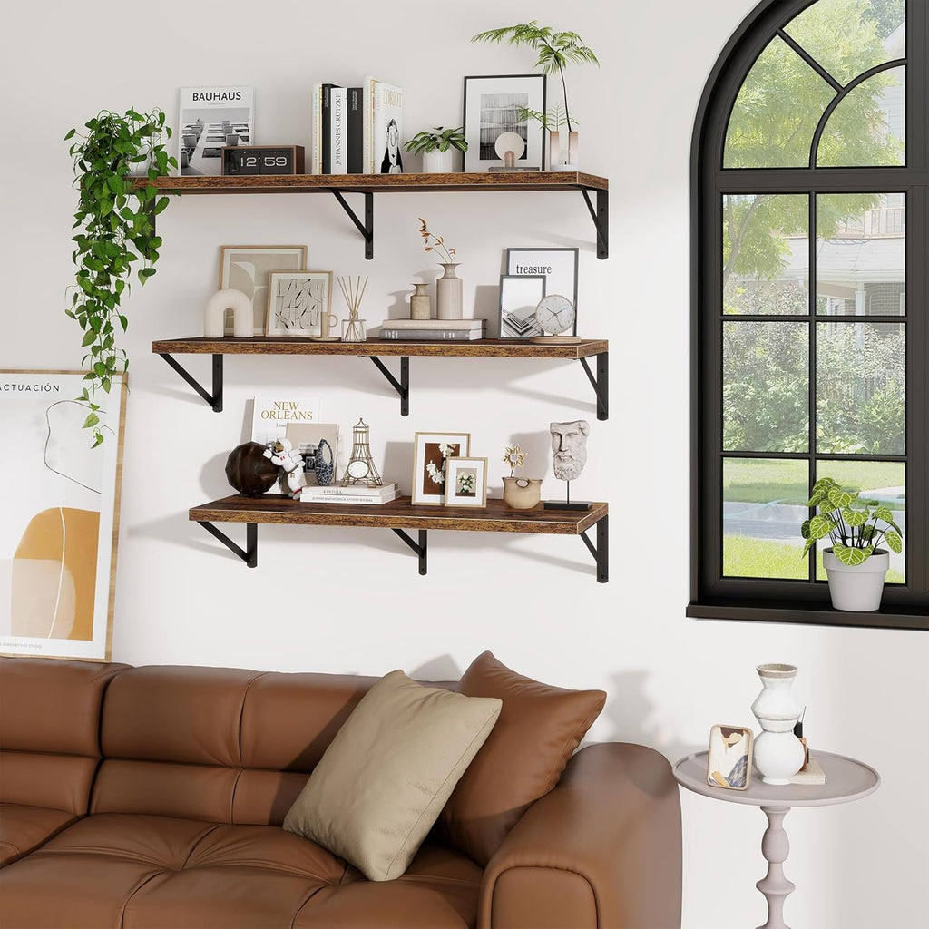 Deep Wall Shelves 36"W x 8"D Engineered Wood Floating Shelves for Wall, Sturdy Metal Bracket Bookshelves Home Decor Storage for Living Room Bedroom Bathroom Kitchen, Set of 2, Rustic Brown Finish