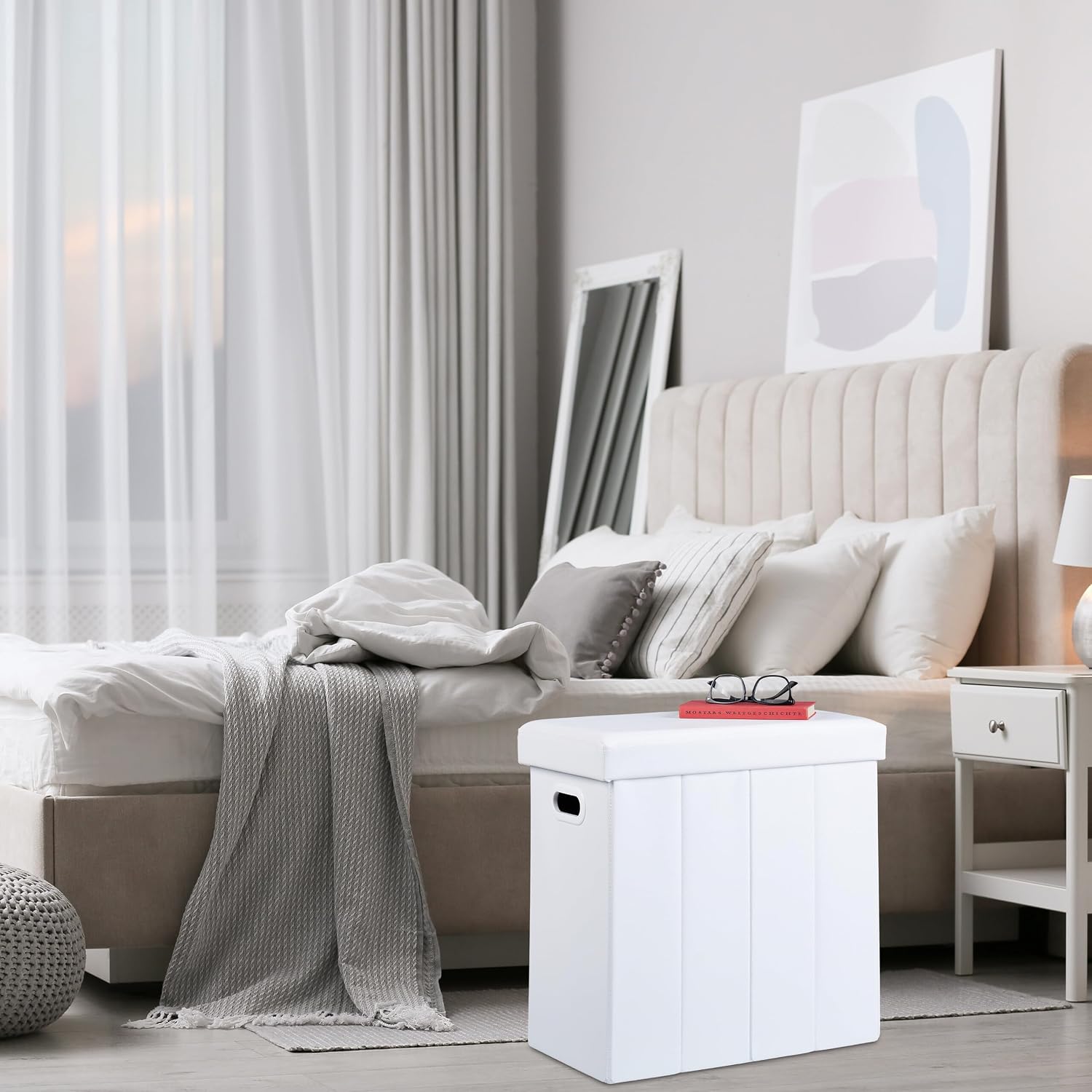 Relaxdays Stool with Storage Space, Imitation Leather, Upholstered, Foldable, Living Room, HWD: 49 x 48.5 x 27 cm, White, Fibreboard