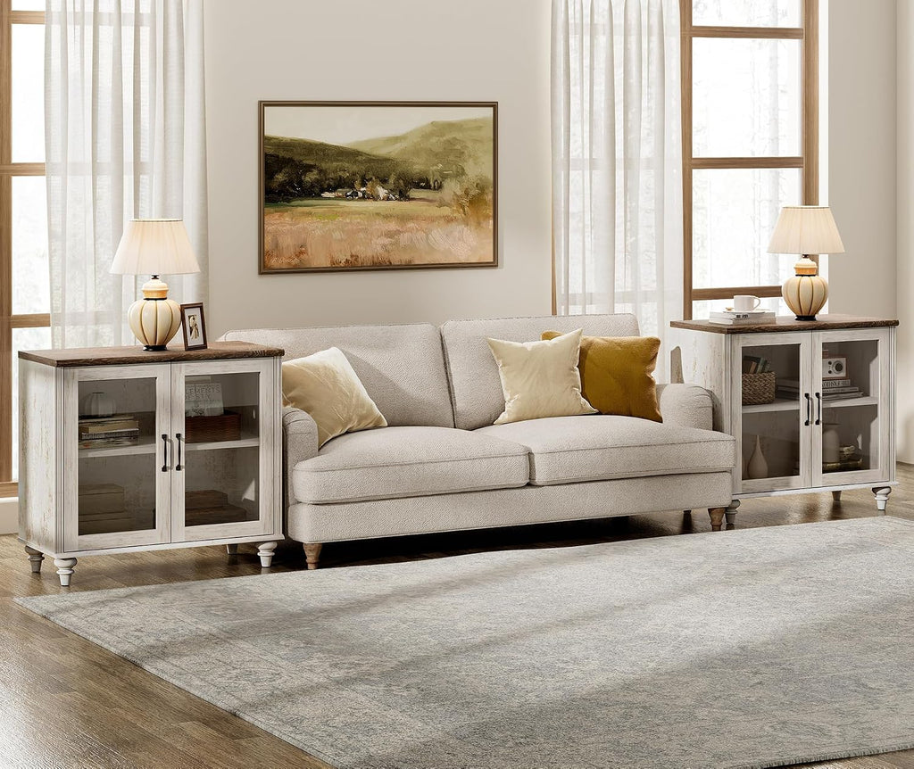 WAMPAT Farmhouse End Table with Ample Storage, Set of 2 Large Mid Century Modern Wood Bedside Table, Wide Sofa Side End Table with Glass Doors, Cabinet for Living Room, Bedroom, Rustic White