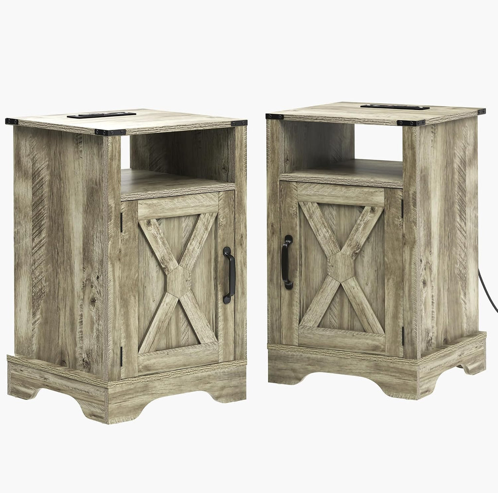RoyalCraft Farmhouse Nightstand Set of 2 with Charging Station, Wooden End Table, Rustic Night Stand with Storage Cabinet and Shelf, Tall Bedside Table for Bedroom, Living Room, Light Grey