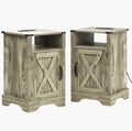RoyalCraft Farmhouse Nightstand Set of 2 with Charging Station, Wooden End Table, Rustic Night Stand with Storage Cabinet and Shelf, Tall Bedside Table for Bedroom, Living Room, Light Grey