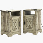 RoyalCraft Farmhouse Nightstand Set of 2 with Charging Station, Wooden End Table, Rustic Night Stand with Storage Cabinet and Shelf, Tall Bedside Table for Bedroom, Living Room, Light Grey