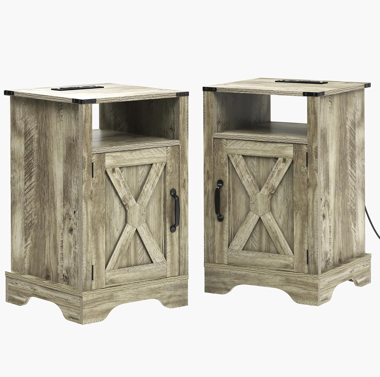 RoyalCraft Farmhouse Nightstand Set of 2 with Charging Station, Wooden End Table, Rustic Night Stand with Storage Cabinet and Shelf, Tall Bedside Table for Bedroom, Living Room, Light Grey
