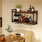 Homeiju Wall Mounted Wine Rack, Bottle & Glass Holder Wood-Metal Retro Wine Rack, Wine Bottles Display Wall Storage for Kitchen Dining Room Home Bar