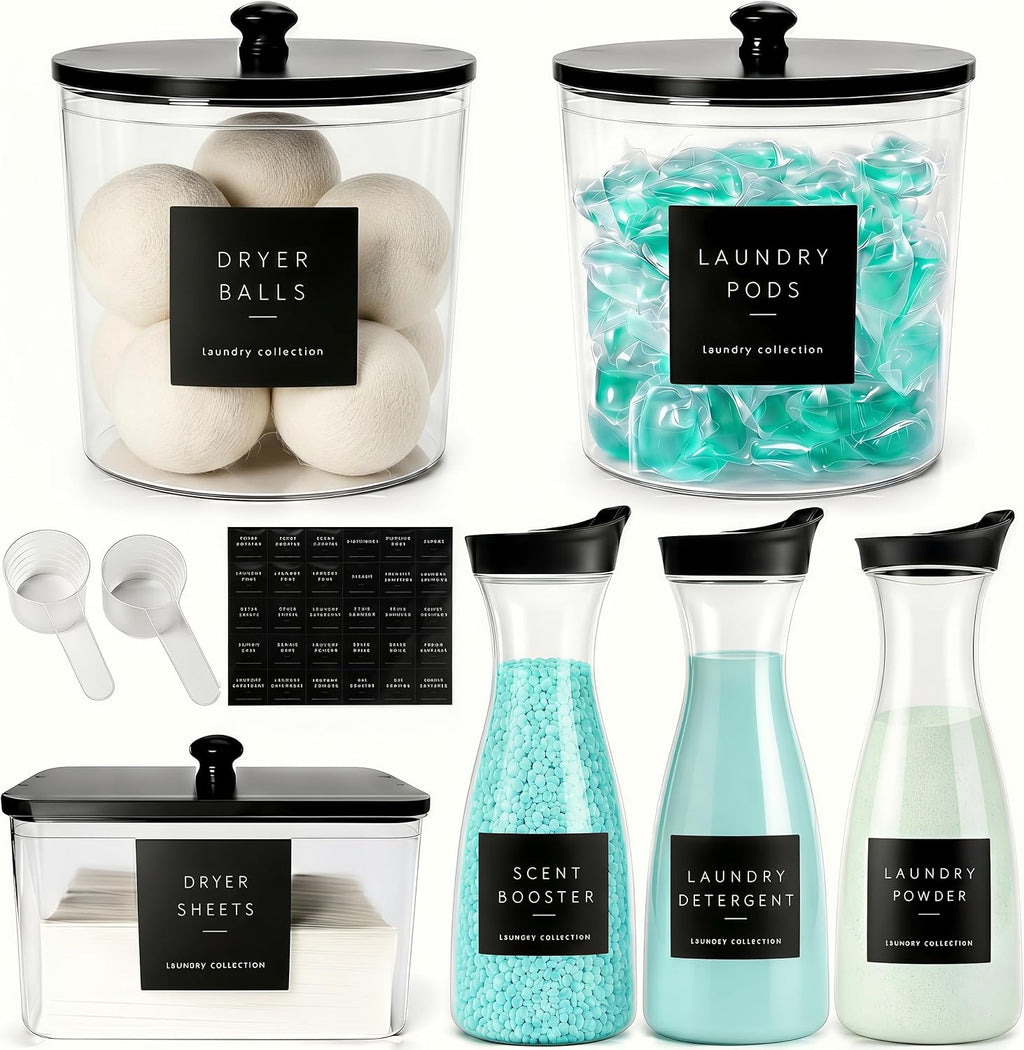 6 Pack Laundry Pods Containers & Dryer Sheet Holder & Laundry Detergent Dispenser, Laundry Room Organization and Storage Jars with Lids, Labels and Scoops for Scent Booster, Powder, Pods