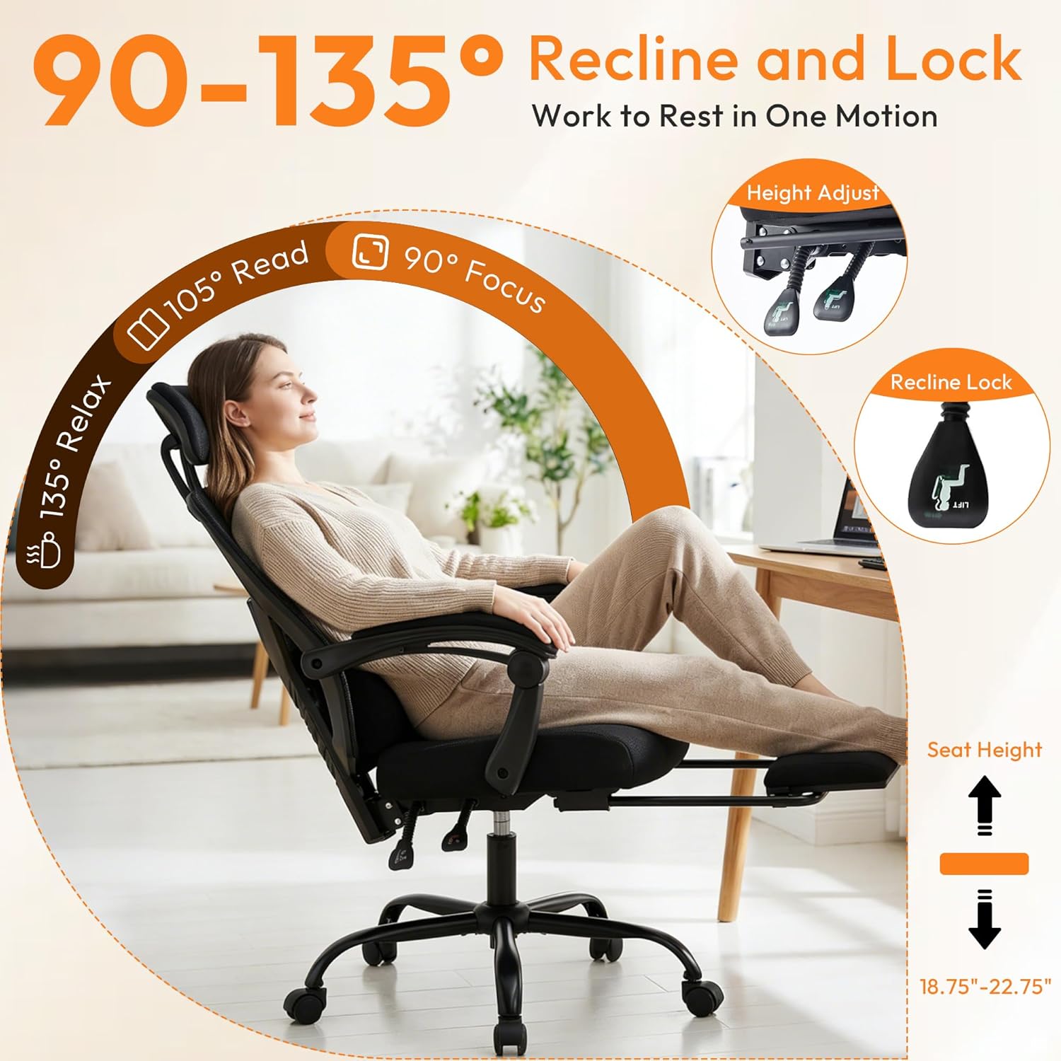 Desk Chair with Foot Rest, High-Back Mesh Office Chair with Wheels, Reclining Gaming Chair with Headrest and Adjustable Lumbar Support, 90°-130° Reclining, for Home Office and Gaming, Classic Black