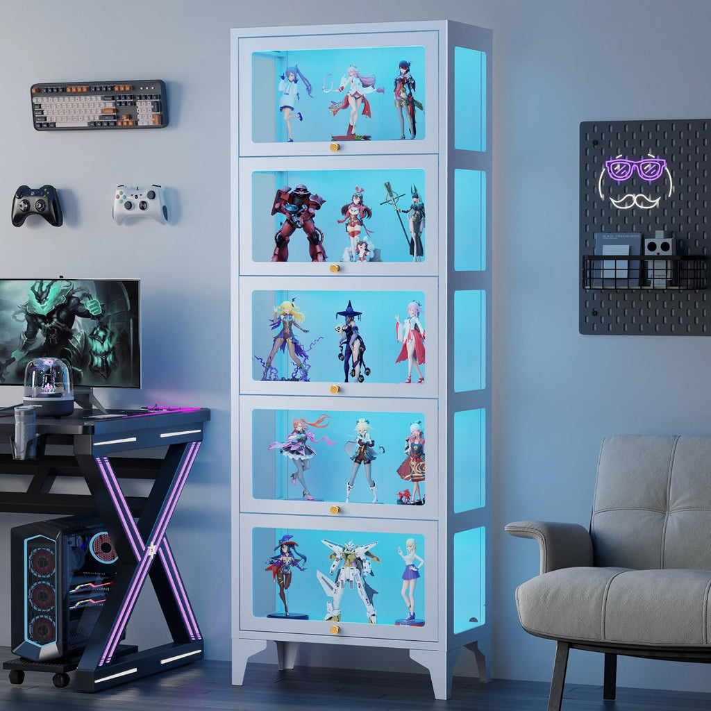5-Tier Glass Display Cabinet with LED Lights, 67" Curio Cabinet, White | Flip-Up Doors, 13-Color LED Lights, 3-Side Tempered Glass Display Case for Books, Collectibles, Figures