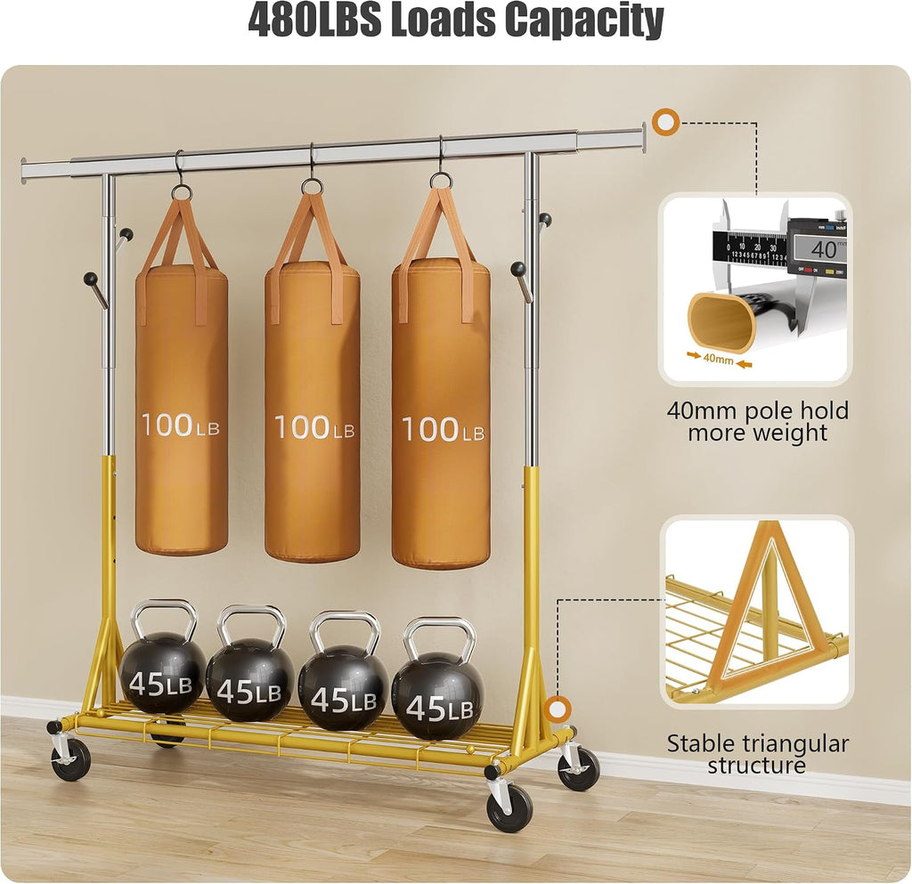 Gewudraw Rolling Clothes Rack Load 530lbs,Heavy Duty Garment Rack With Sturdy Wheel And Shelves, Adjustable Portable Hanging Rack For Clothes, Gold