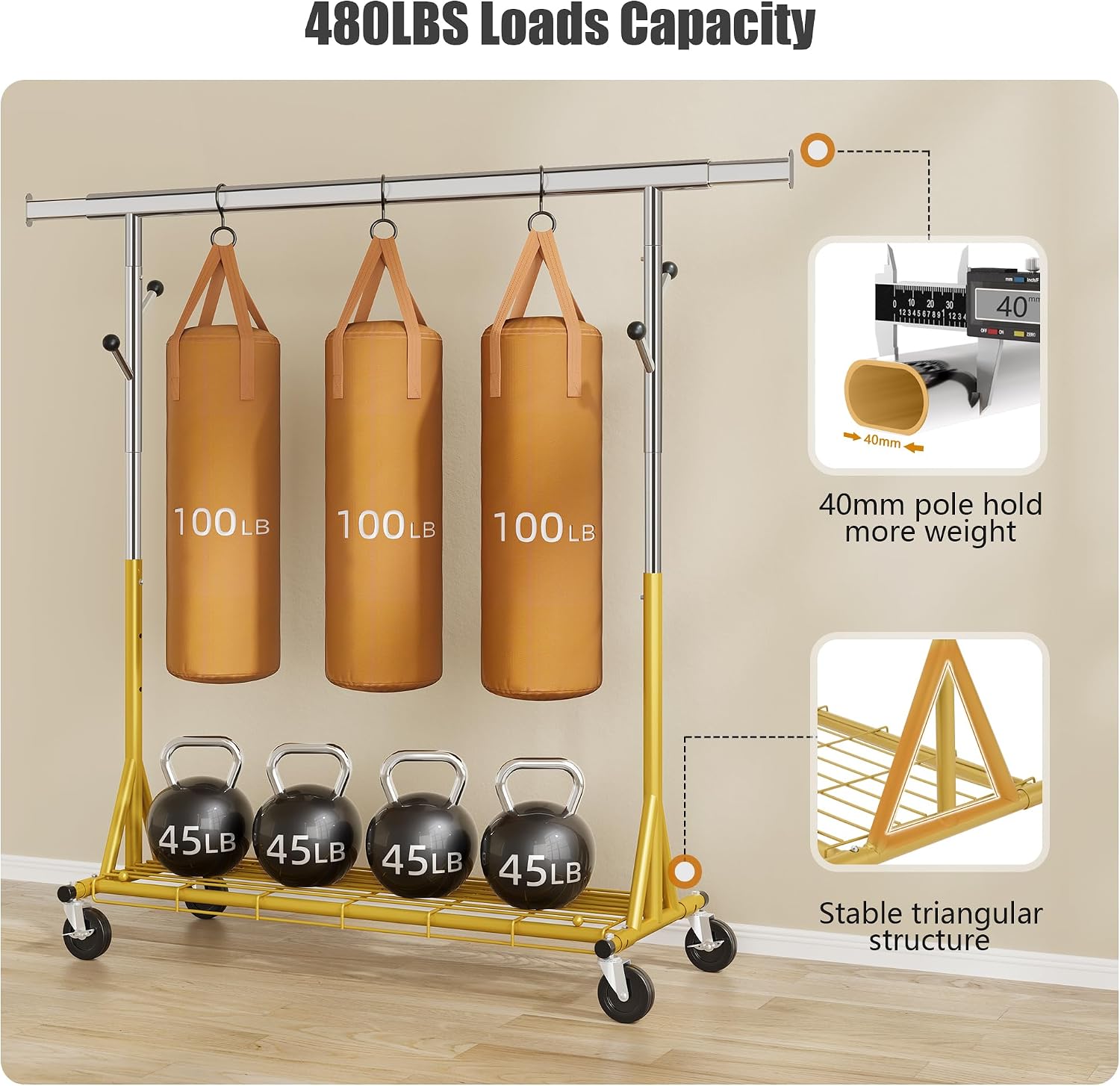 Gewudraw Rolling Clothes Rack Load 530lbs,Heavy Duty Garment Rack With Sturdy Wheel And Shelves, Adjustable Portable Hanging Rack For Clothes, Gold