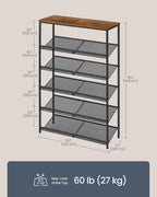 SONGMICS HOME 6 Tier Shoe Storage Organizer, Freestanding Shoe Rack, Dense Mesh, for Living Room, Bedroom, Entryway, Rustic Brown and Black
