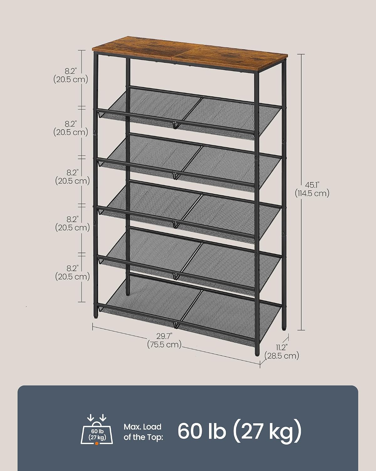 SONGMICS HOME 6 Tier Shoe Storage Organizer, Freestanding Shoe Rack, Dense Mesh, for Living Room, Bedroom, Entryway, Rustic Brown and Black