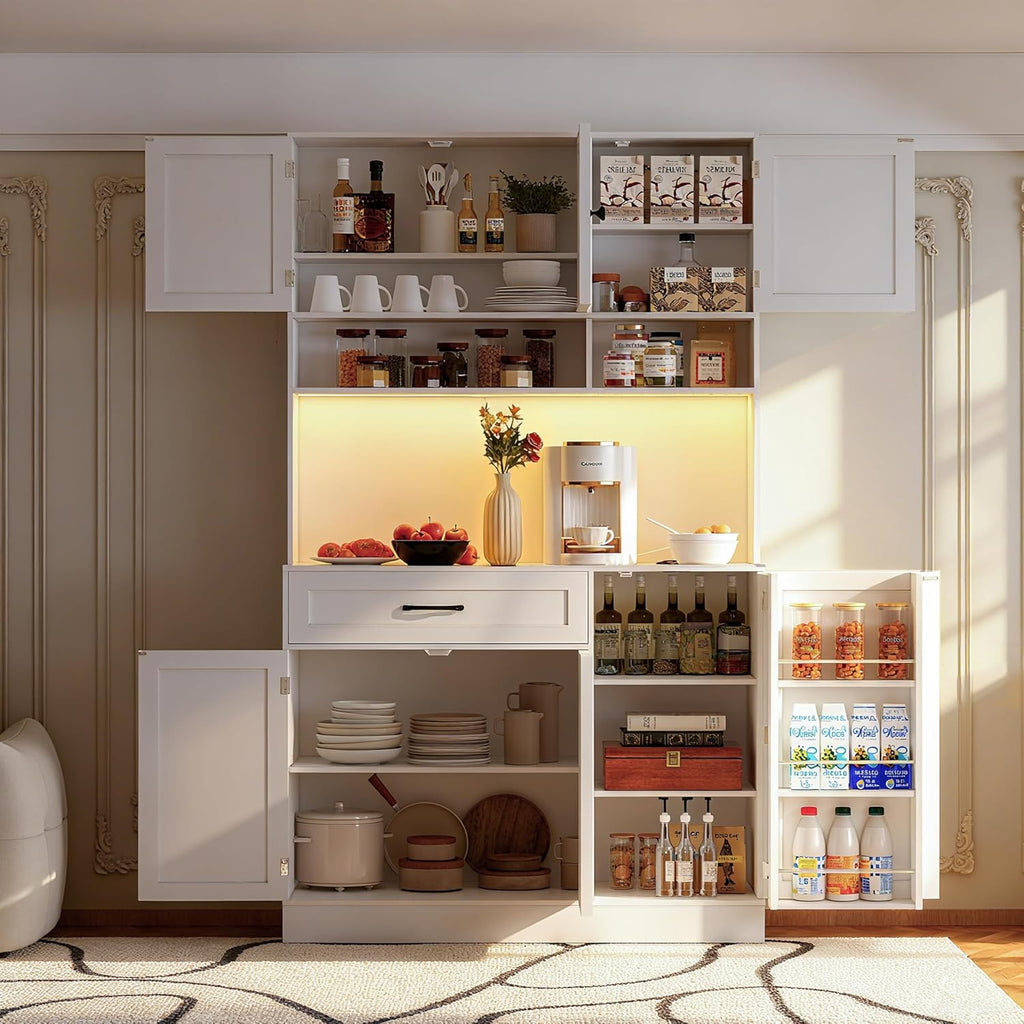 FJTJBSI 72" Kitchen Pantry Cabinet with LED Light and Charging Station Tall Pantry Storage Cabinet with Adjustable Shelves and Door Shelves Modern Kitchen Hutch with Microwave Stand and Countertop