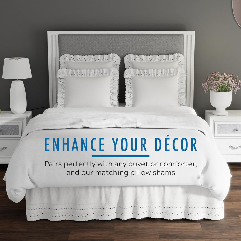 Fresh Ideas Eyelet Bed Skirt, Ruffled Design, 14 Inch Drop, Embroidered Scalloped Edge, Queen, White