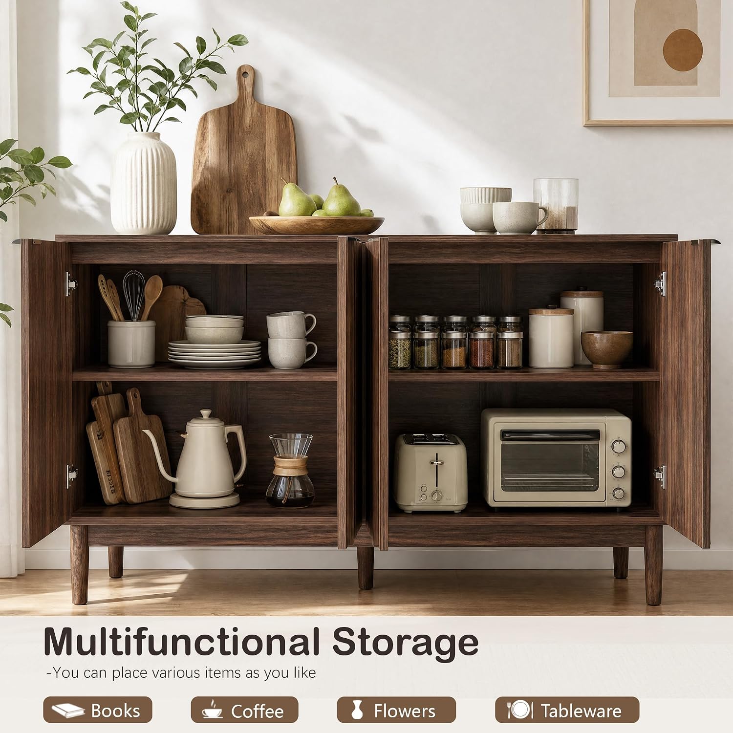Otterease Fluted Cabinet with Storage, Small Buffet Cabinet Sideboard with Door, Kitchen Buffet Storage Accent Cabinets with Adjustable Shelves for Living Room, Entry, Hallway,Wlanut