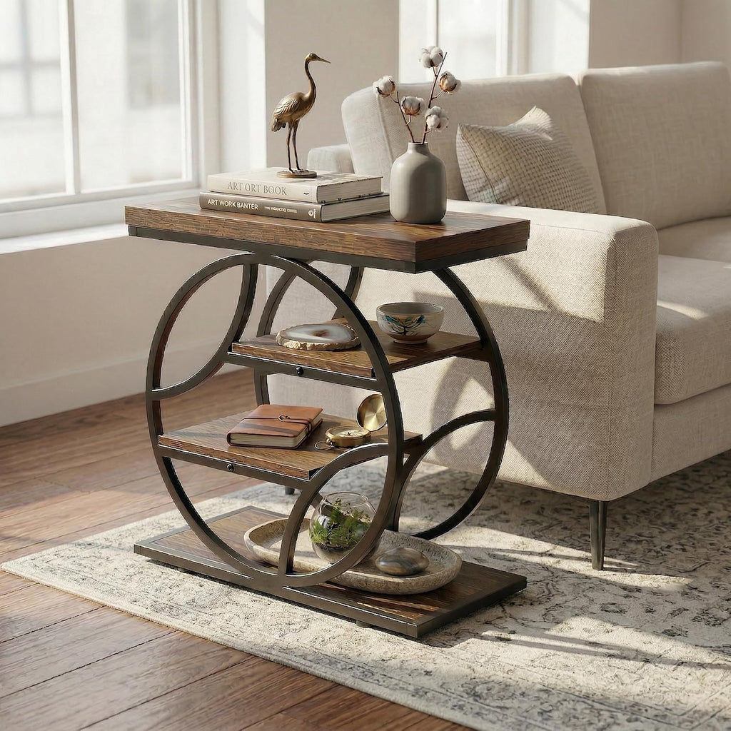 Tribesigns Side Table with 4-Tier Storage Shelf, 25-Inch Living Room Narrow End Table, Small Industrial Nightstand with Geometric Metal Frame, Accent Furniture for Bedroom Small Space, Brown