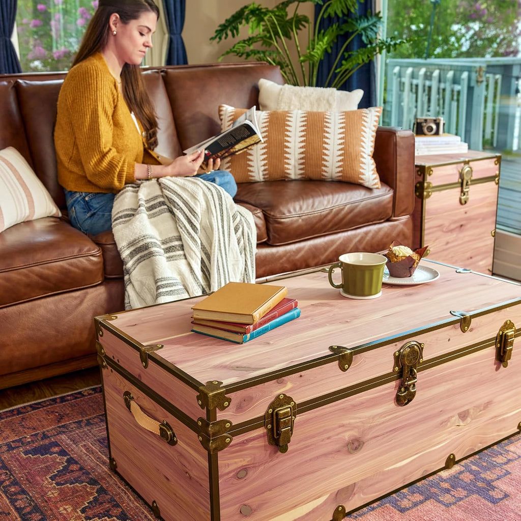 Rhino Trunk & Case Knotty Cedar Chest with Antique Brass Hardware – 32"x18"x14" Large Storage Box, Coffee Table, End of Bed Trunk or Entryway Storage Bench Furniture – USA-Made, Heirloom Aesthetic