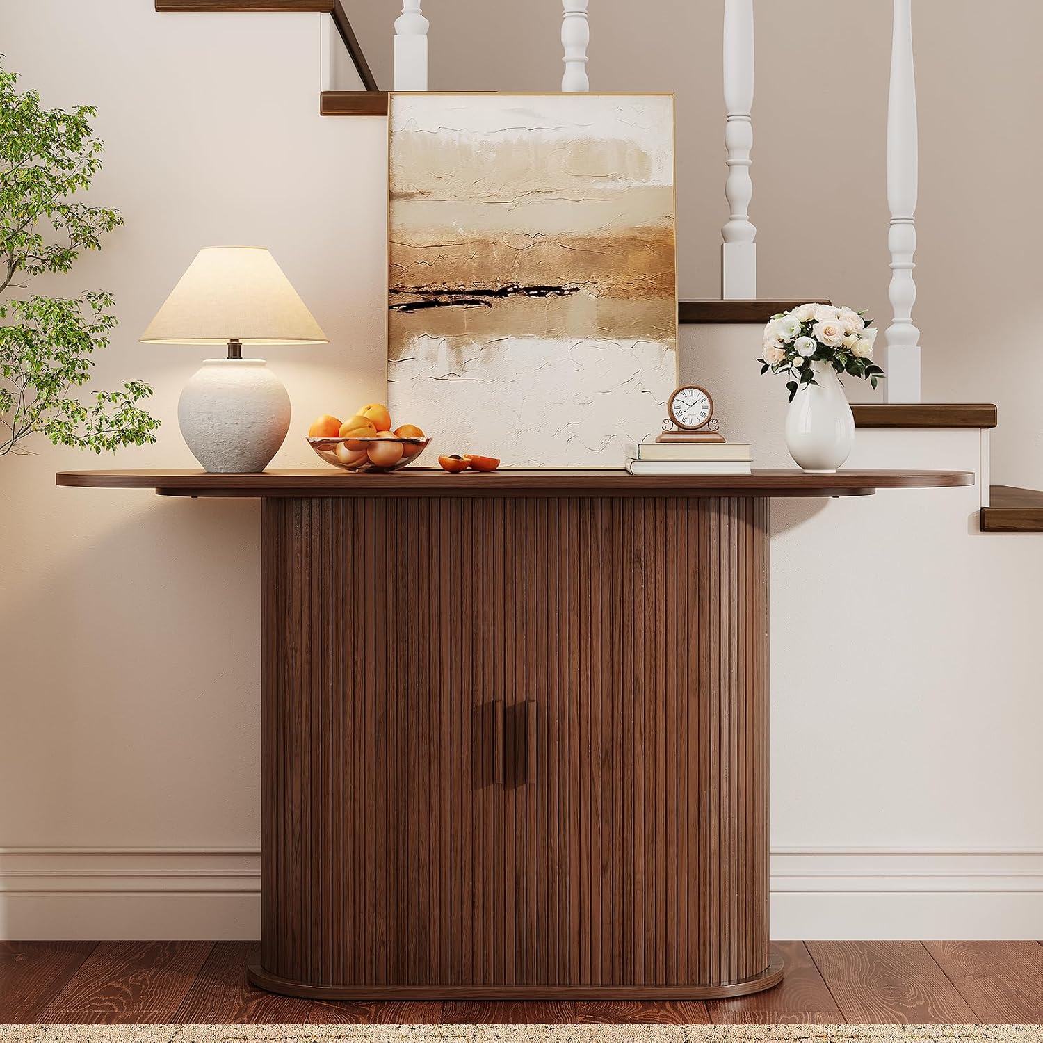 55 Inch Console Table with Storage, Fluted Entryway Tables with Sliding Doors, Sofa Table Behind The Couch, Hallway Tables, Mid-Century Modern Foyer Table for Entryway, Hallway, Living Room, Walnut