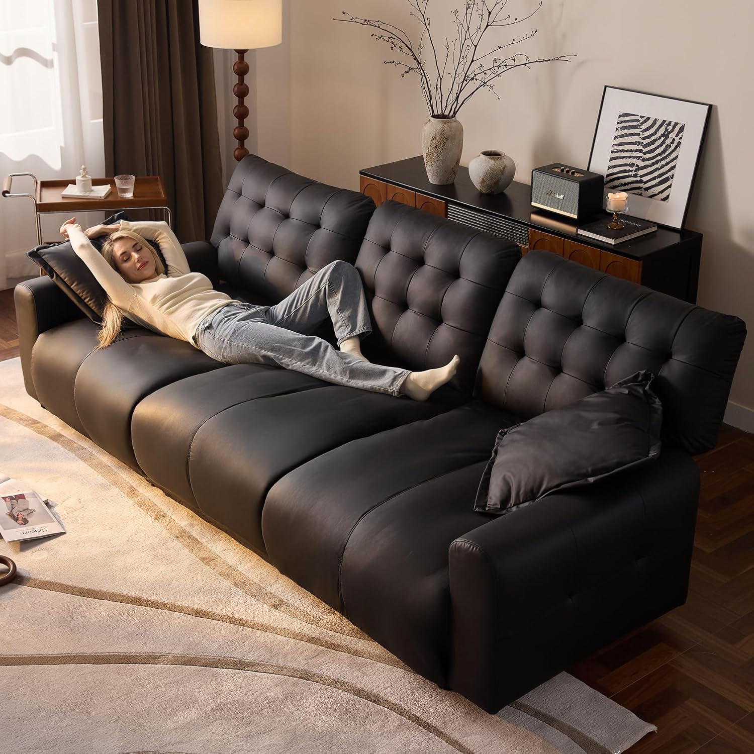 Oversized Sectional Couches for Living Room Extra Large Deep Seat Adjustable 2-Level Depth Back FSC Certified Pu Leather Cloud Couch Sleeper Sofa Chaise Detachable (Black, 3 Seat)