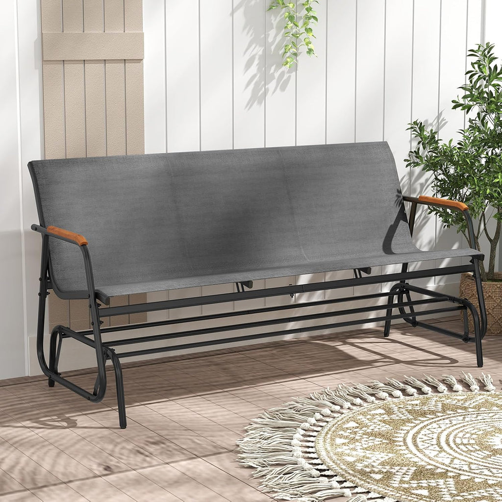 Tangkula 3-Person Outdoor Glider Bench, Patio Gliding Loveseat with Breathable Fabric Seat, Curved Teak Wood Armrests and Metal Frame, Swing Rocking Chair for Backyard (Grey, 3 Seat)