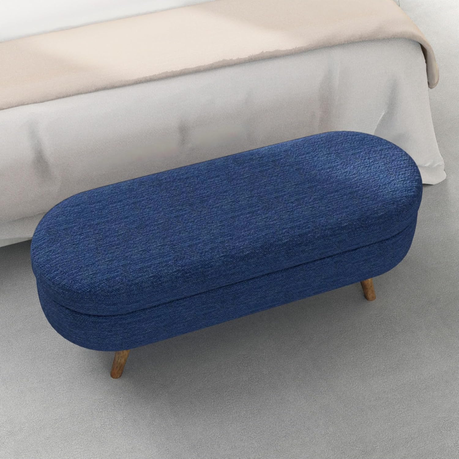 Oval Storage Ottoman Bench with Hidden Storage and Foam Padded Seat, Upholstered Entryway Footstool with Rubber Wood Legs, Decorative Bedroom End of Bed Accent Furniture for Living Room (Blue)