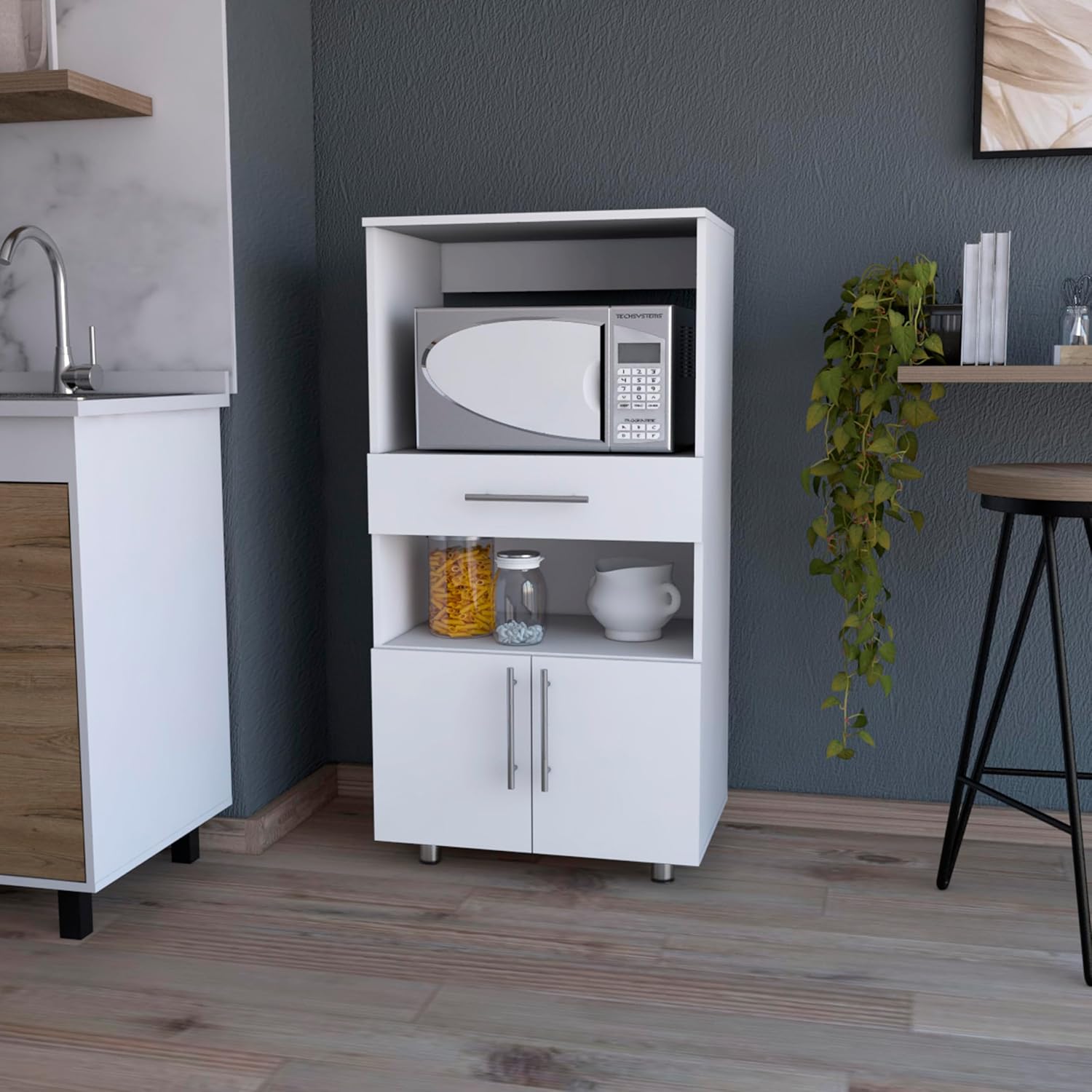 24.4" D*16.5" W*48.03" H Freestanding Kitchen Pantry with 2 Open Shelves, Single Door, Rectangular Storage Cabinet, Modern Minimalist, for Living Room, Dining Room, White