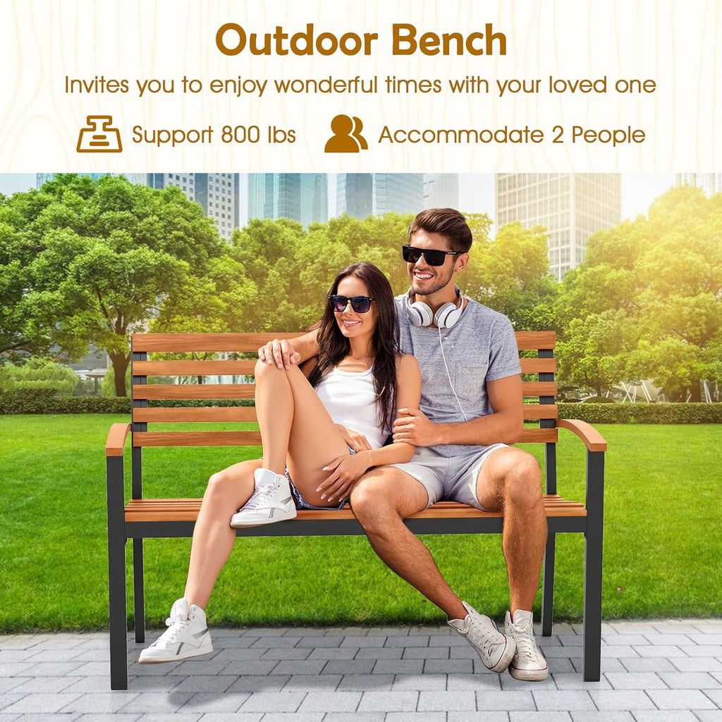 Giantex Outdoor Bench, Acacia Wood Patio Loveseat with Slatted Backrest & Seat, Armrests, Heavy Duty Metal Frame, 800 lbs Capacity, 2-Person Garden Bench for Lawn, Porch, Yard and Park