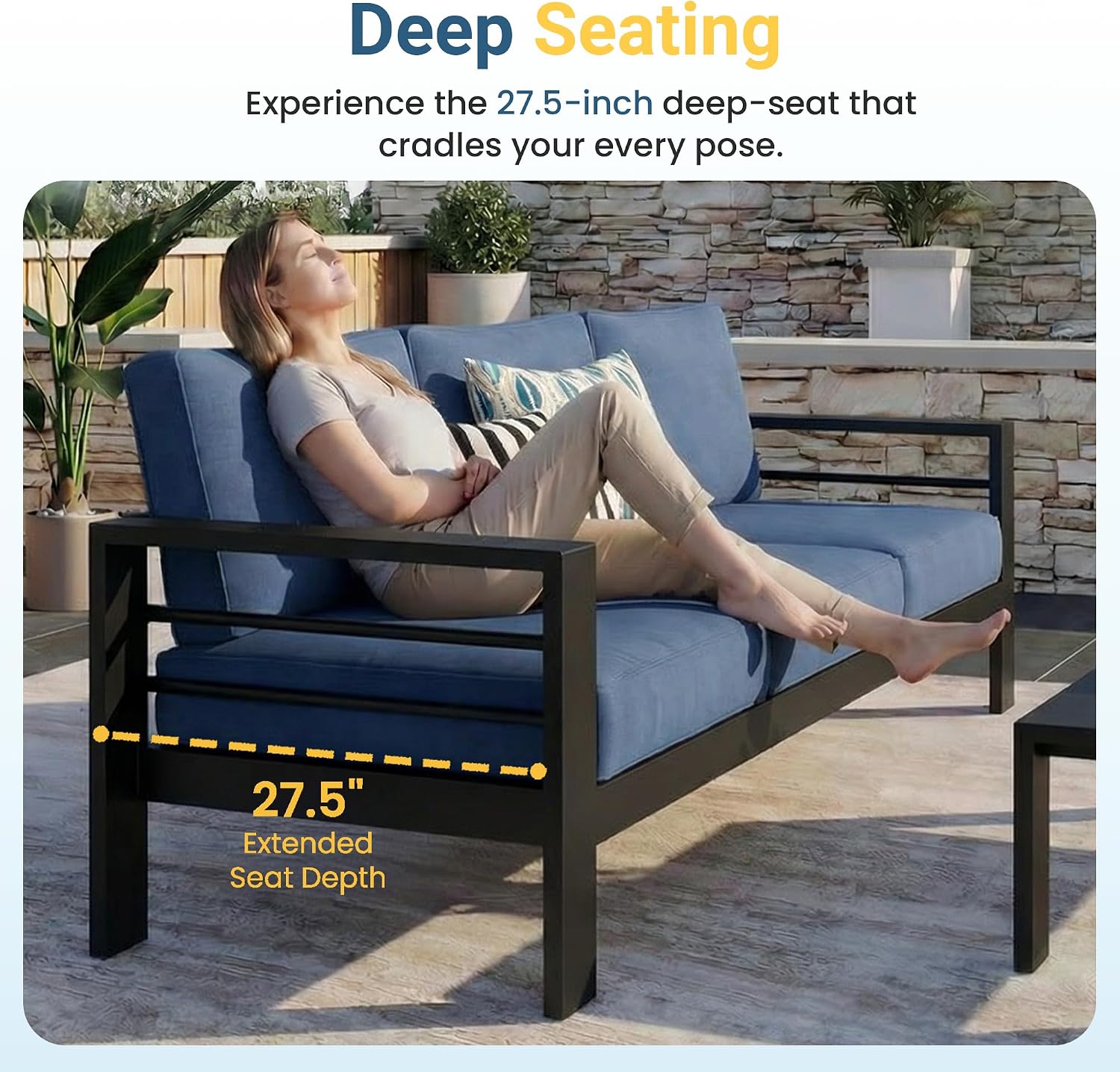 Wisteria Lane Patio Furniture Aluminum Loveseat, All-Weather Outdoor 2 Seats Sofa Couch, Patio Outdoor Sofa, Black Metal Chair with Blue Cushions