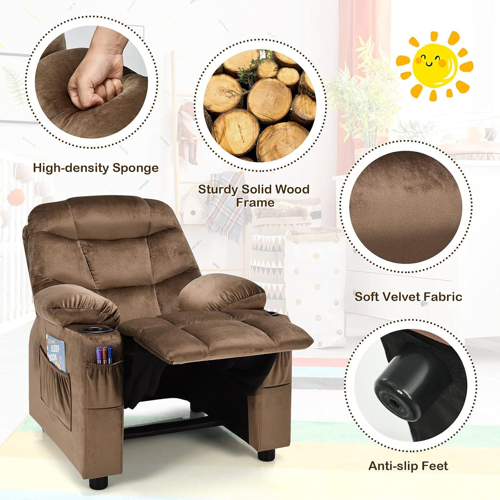 Kids Recliner, Kids Recliner Chair w/ 2 Cup Holders, Velvet Fabric Chairs Comfy w/Adjustable Backrest & 3 Pockets, Toddler Furniture Sofa for Boys Girls Aged 3+
