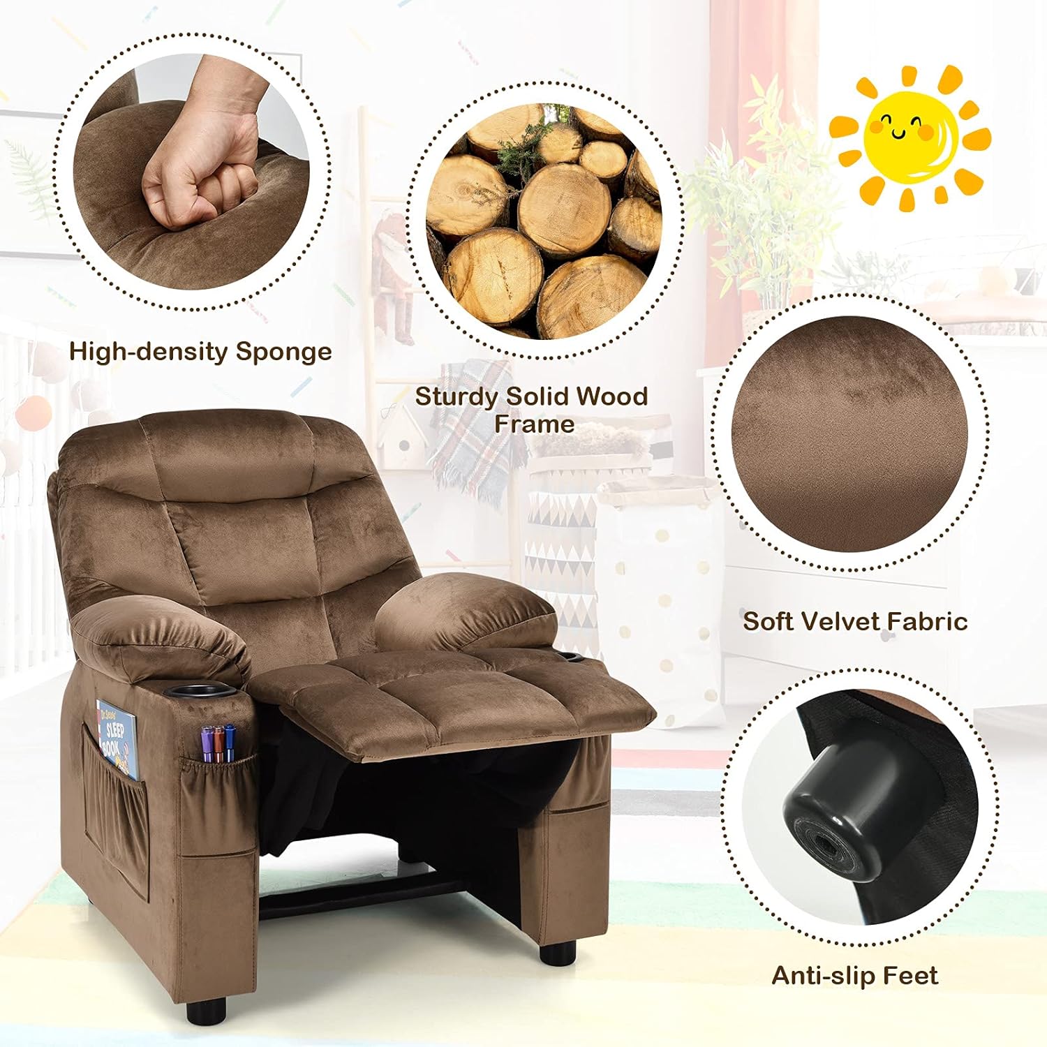 Kids Recliner, Kids Recliner Chair w/ 2 Cup Holders, Velvet Fabric Chairs Comfy w/Adjustable Backrest & 3 Pockets, Toddler Furniture Sofa for Boys Girls Aged 3+