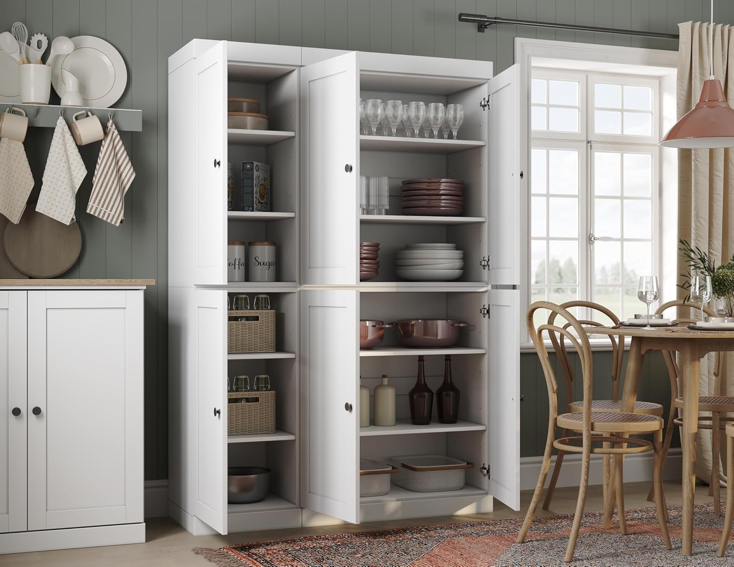 Palace Imports Solid Wood Tall Kitchen Pantry Cabinet - 71.5" H x 48.5" W – Wooden Storage Cabinet w/ 6 Shaker Doors & 8 Adjustable Shelves – White, 100% Renewable Eco-Friendly Wood, Made in Brazil