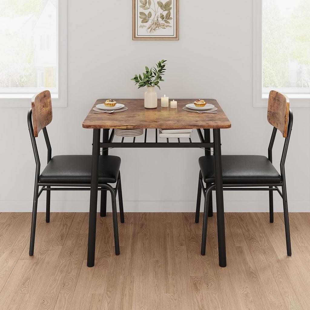 IDEALHOUSE Small Dining Table Set for 2, 3-Piece Dining Set with Storage Rack, Wood Kitchen Table with Upholstered Chairs, Square Table Set with Metal Legs Support, for Dining Room, Living Room, Brown