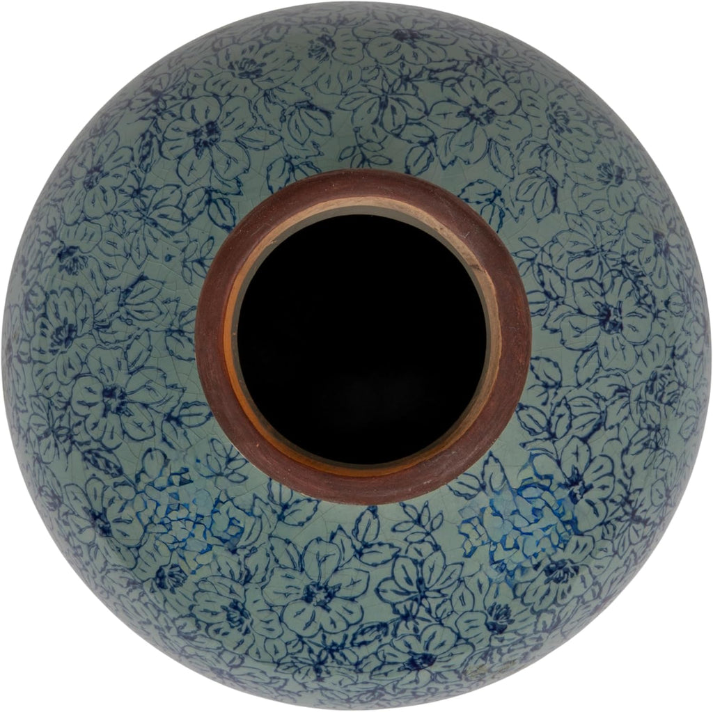 Creative Co-Op Round Decorative Terra-Cotta Vase with Transferware Pattern, Blue
