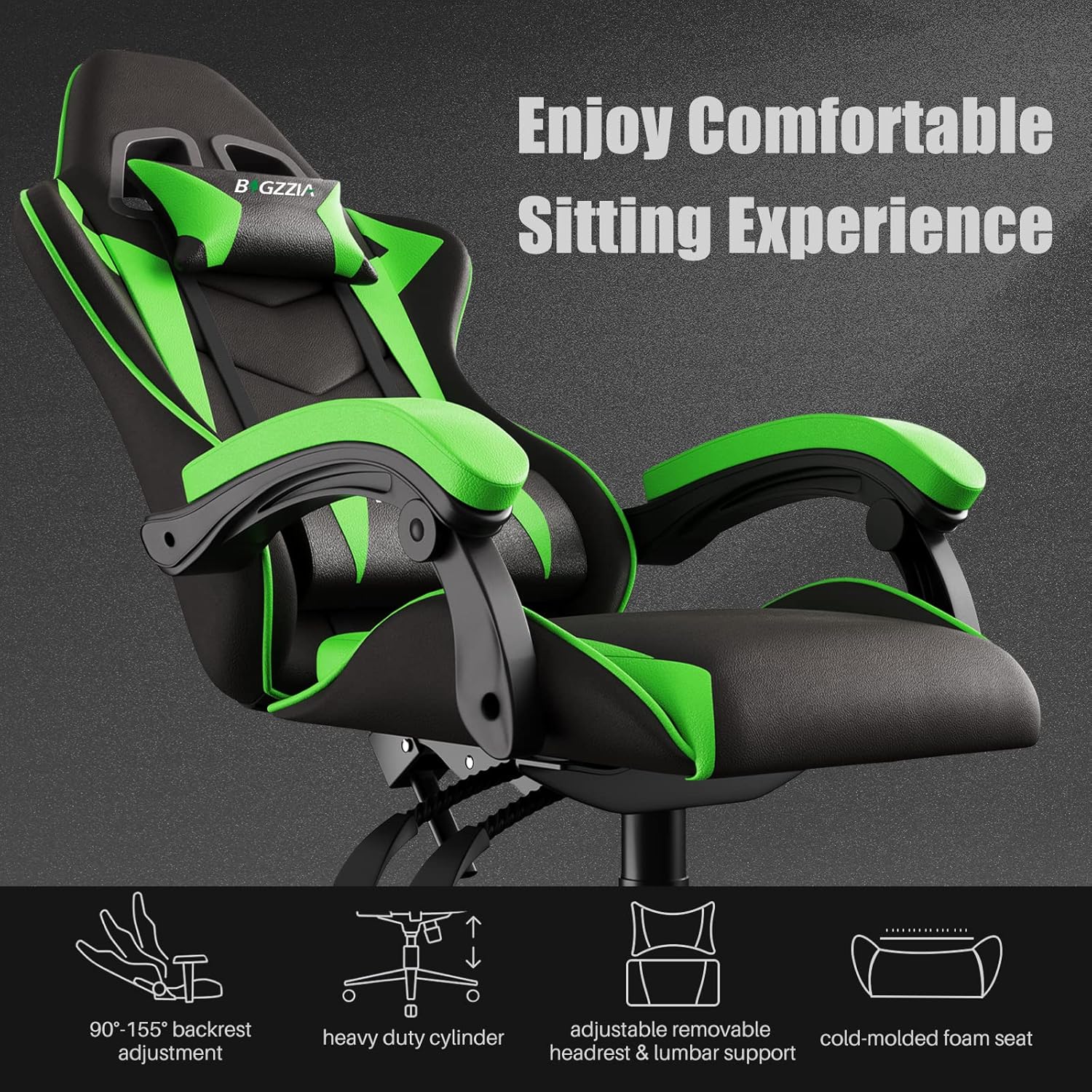 Racingreat Gaming Chair High Back, Ergonomic Computer Gamer Chair with Headrest and Lumbar Support, Racing Style Reclining Game Chair for Adults, Kids (Green-Black)