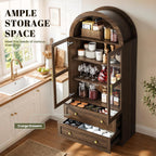 71" Tall Arched Kitchen Pantry Cabinet, Modern Farmhouse Kitchens Storage Cabinet with 2 Large Drawers & Glass Doors, Freestanding Versatile Cupboard for Living Room, Dining Room, Brown