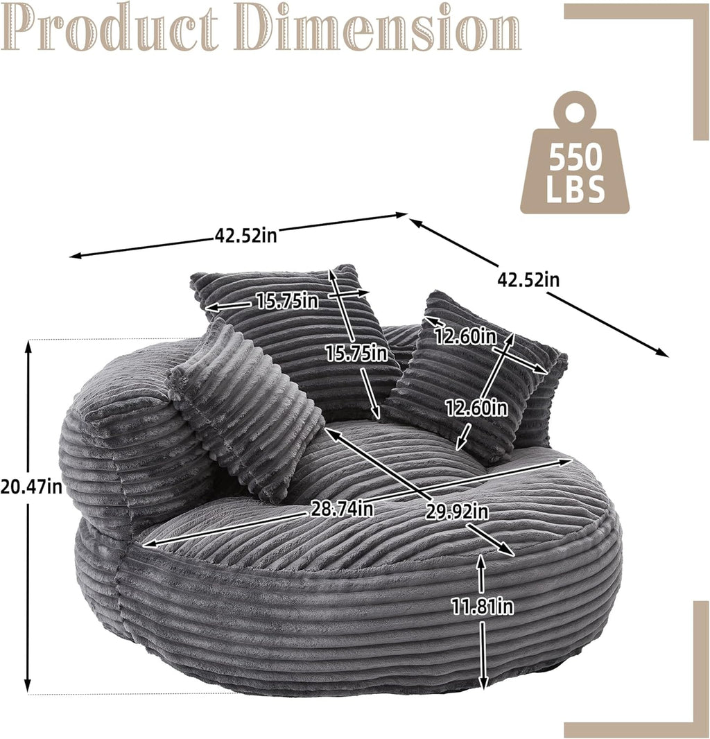 Oversized Round Chair with Pillows, Chaise Lounge Chair, Modern Cloud Lounge Floor Sofa, Ultra Soft Fluffy Deep Seat for Reading & Relaxing, Perfect for Living Room, Bedroom & Apartment Dark Gray